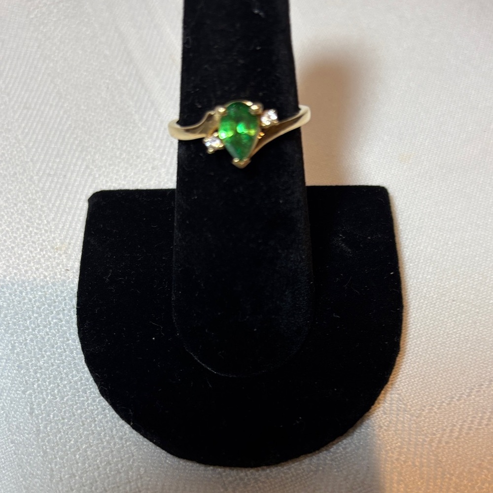 Gold Teardrop Green Gemstone Ring with Accent Stones - Women Jewelry